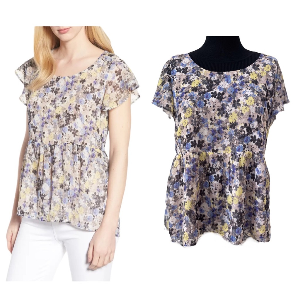 Lucky Brand Floral Print Flutter Sleeve Blouse Med